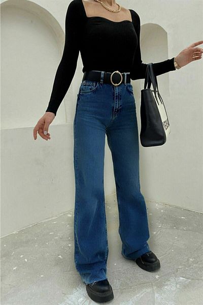 DRC trend Albastru mijlociu - Blugi largi din Lycra cu talie super înaltă Pantaloni Palazzo. (SUPER ÎNALT) Picior lat