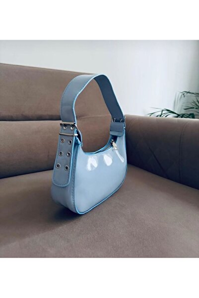 MODA ELF Kadın Rugan Mavi Kemer Detaylı Baget Kol Çantası