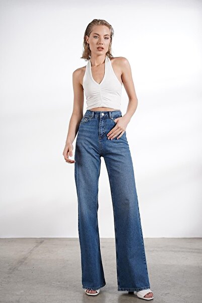 DRC trend بنطلون جينز أزرق متوسط من الليكرا عالي الخصر فضفاض من Palazzo بأرجل...