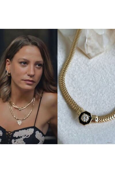 Güliz Aksesuar Serenay Hasır Zincirli Ortası Taşlı Kolye