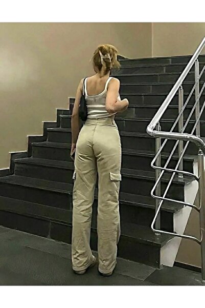 DRC trend Sasha Beige Cargo Loose No Back Pocket Lycra Super High Waist Jean Trousers