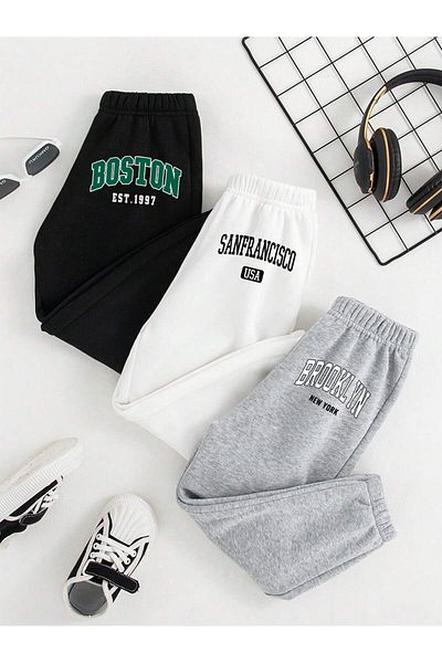 Mythologie 3-συσκευασία Boston Usa Brooklyn Printed Jogger Sweatpants - Μαύρο Λευκό Γκρι Καουτσούκ Πόδι Ψηλόμεσο Καλοκαίρι