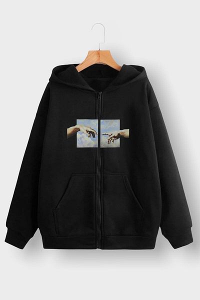Mythologie Michelangelo Thick Cardigan - Μαύρη εμπριμέ καλοκαιρινή ζακέτα με φερμουάρ και τσέπη με κουκούλα
