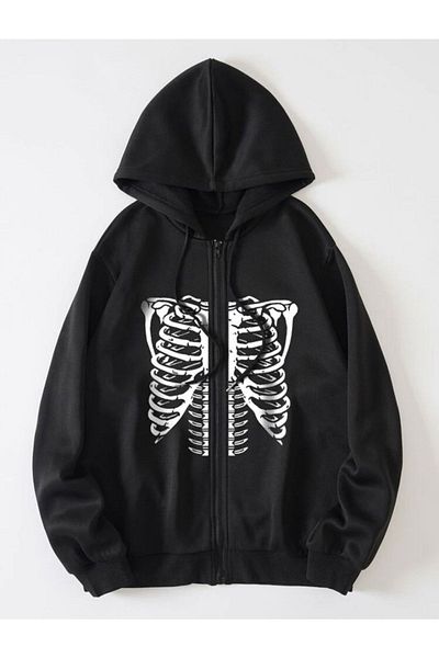 Mythologie Gothic Skeleton Thick Cardigan - Μαύρη εμπριμέ καλοκαιρινή υπερμεγέθη ζακέτα με κουκούλα με τσέπη με φερμουάρ