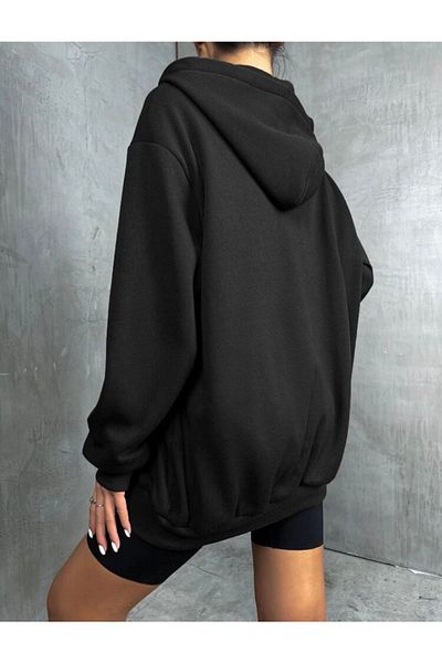 Mythologie Smile Black Cardigan - Winter Oversize Hoodie, Τσέπες με φερμουάρ
