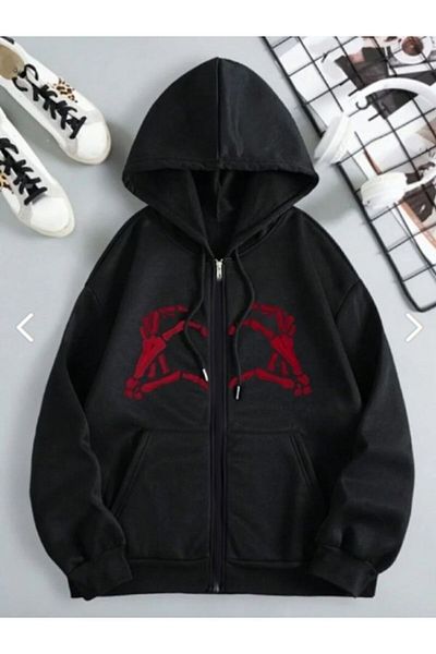 Mythologie Y2k Skeleton Hand Thick Cardigan - Μαύρη εμπριμέ καλοκαιρινή ζακέτα με φερμουάρ και τσέπη με κουκούλα