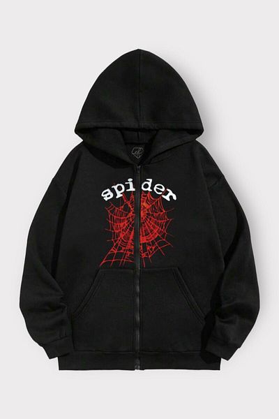 Mythologie Spider Graphic Thick Cardigan - Μαύρη εμπριμέ καλοκαιρινή υπερμεγέθη ζακέτα με κουκούλα με φερμουάρ