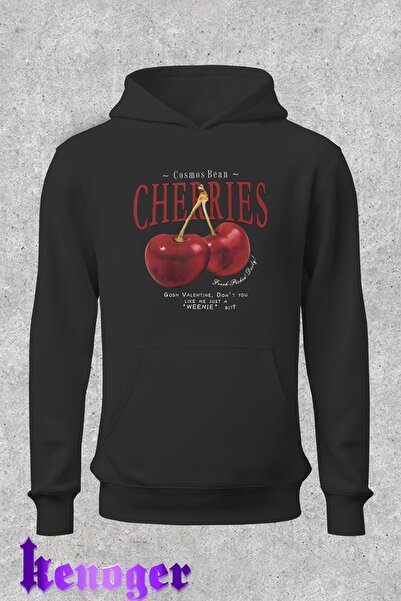 kenoger Унисекс суитшърт с качулка и голям размер - червени череши, дебел флис
