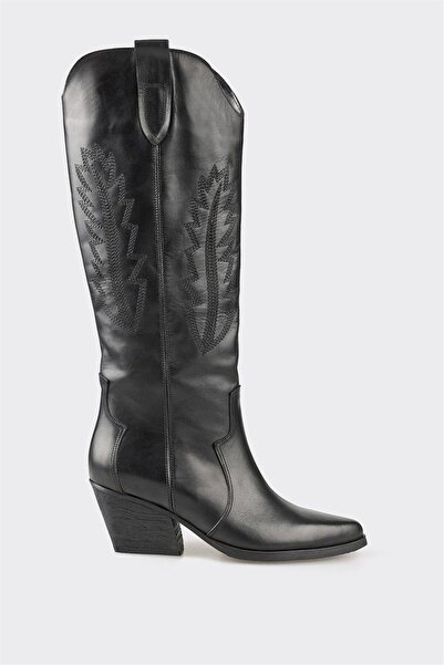 Elle Shoes Siyah Deri Kadın Western Çizme