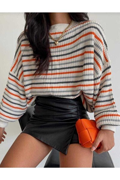Genel Markalar Kadın Renkli Çizgili Triko Kazak