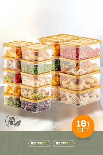 Vienev 18-Piece Yellow Microwaveable Refrigerator Organizer - Freezer Storage Container