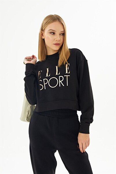 ELLE Sport Siyah Yaldızlı Kadın Crop Sweatshirt
