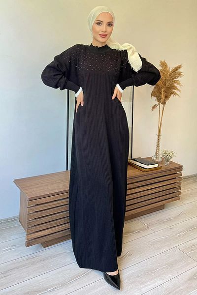 julude Hijab Knitwear Φόρεμα - Μαύρο μπαλόνι μανίκι και πέρλες λεπτομέρεια