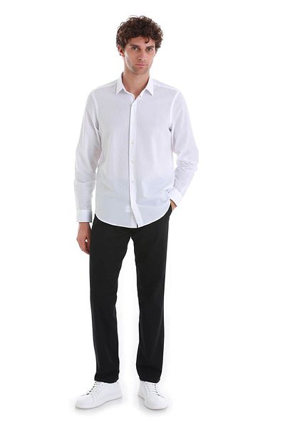 Hatemoğlu Λευκό Comfort Fit Μασίφ 100% βαμβακερό μακρυμάνικο αθλητικό πουκάμισο με λεπτή λαιμόκοψη