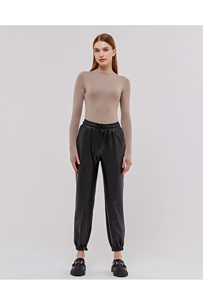 AREMTEX KADIN BELİ BACAĞI LASTİKLİ İÇİ ŞARDONLU DERİ PANTOLON