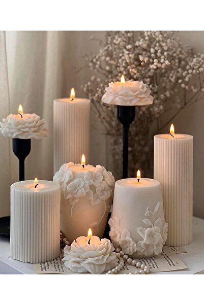 SCA CANDLE Dekoratif Beyaz Renk Şakayık Gül 3 Lü Gül 7X7 cm Modern Dekoratif Soy Mum
