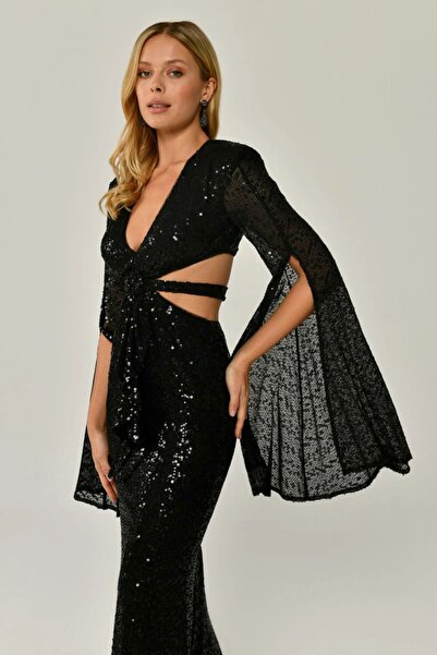 ALFABETA Dökümlü Uzun Kol V Yaka Payetli Uzun Elbise