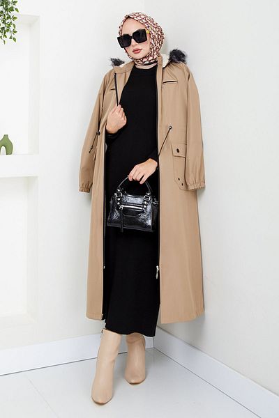 ModaMerve Bondit Trench Coat με κουκούλα με γούνα - MSS0831-M Vision