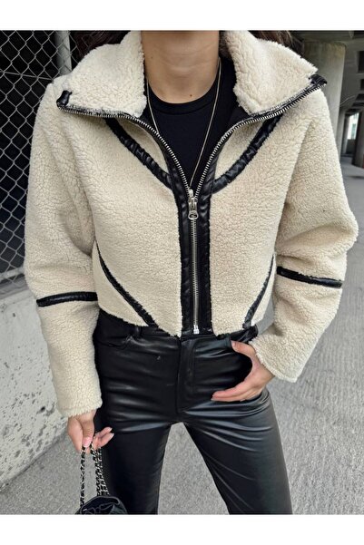 OlaLady Faux Fur Teddy Crop Jacket - Women'S, Leather Detailed