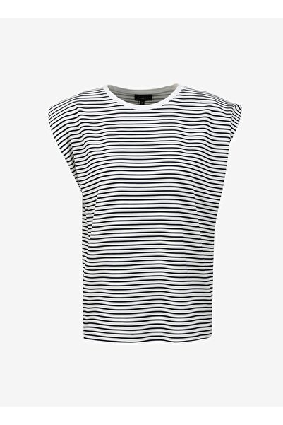 Fabrika Bisiklet Yaka Çizgili Beyaz - Lacivert Kadın T-Shirt F4SL-TST0657