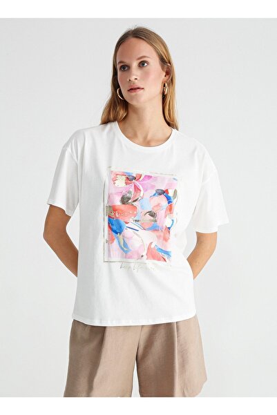 Fabrika Bisiklet Yaka Baskılı Beyaz Kadın T-shirt Wart