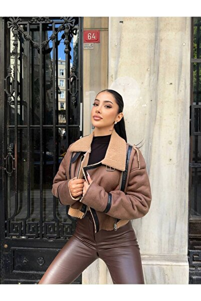 OlaLady Γυναικείο Crop Biker Jacket - Faux Suede, Faux Fur Inside