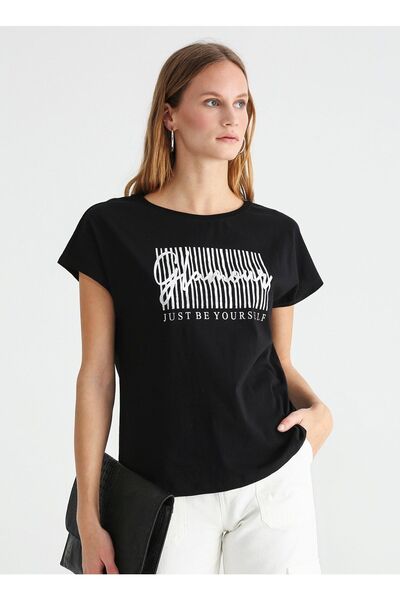 Fabrika Bisiklet Yaka Varaklı Siyah Kadın T-shirt Dusa