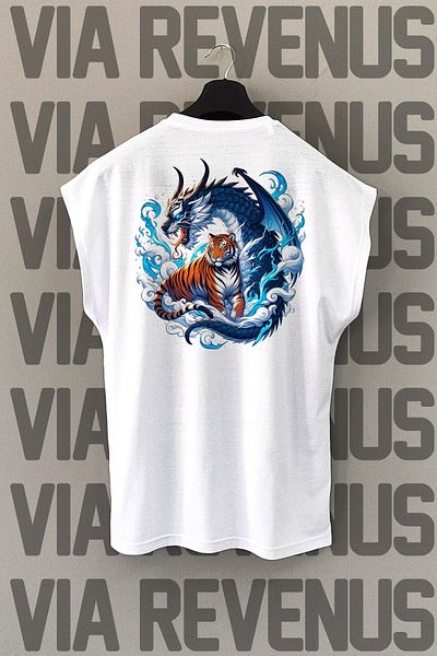 Vordevia Tricou sport alb - imprimeu cu spate dragon și tigru, mâneci zero