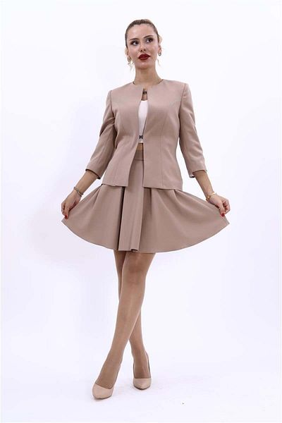 ÖNDER ÖZSOY Oval Collar Short Jacket and Short Flared Skirt - Stone Color Set