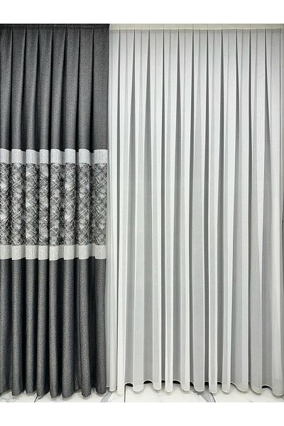 Erdoğanlar Koza Gray Glitter Single Wing Light Curtain - Belted, 1/3 Close Pleat