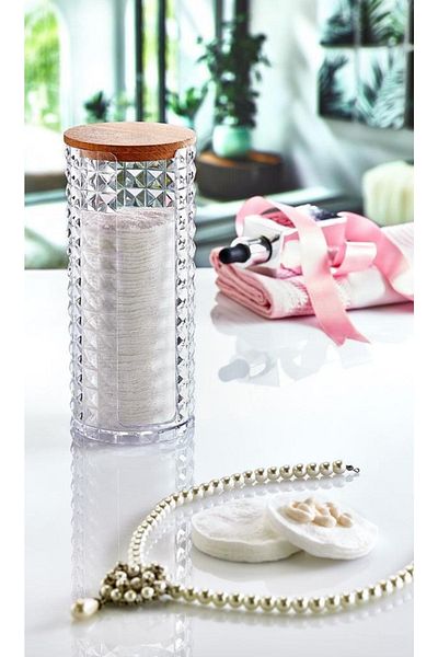 Box Up Modern Cosmetic Organizer - Stylish Cotton Makeup Organizer, Wooden Cover Disc