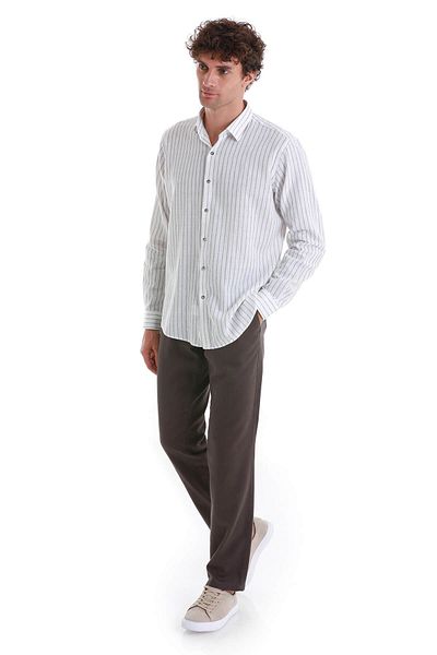 Hatemoğlu Gray Comfort Fit Striped Slim Collar Long Sleeve Linen Shirt
