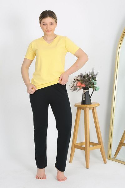 Akbeniz Women's Yellow Pajama Set - Short Sleeve, Cotton Combed, 4215