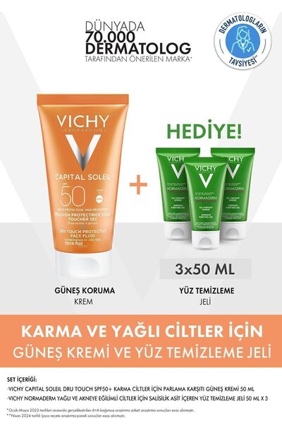 Vichy Karma/Yağlı Ciltler İçin Cilt Bakım Seti:Capital Soleil Dry Touch Güneş Kremi&Yüz Temizleme Jeli