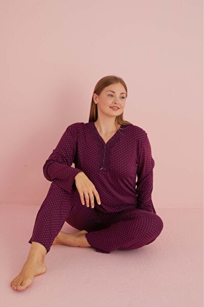Temporium Plus Size Patterned Buttoned Bamboo Pajamas Set - Long Sleeve