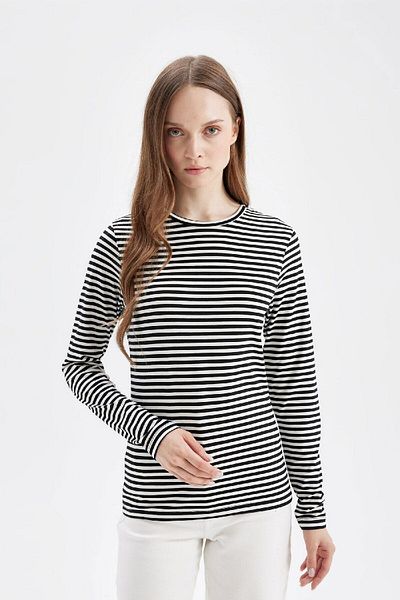 DeFacto Crew Neck Striped Basic Plain Long Sleeve T-Shirt Tunic D5492Ax24Au