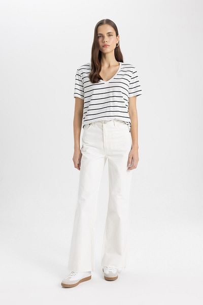 DeFacto Relax Fit V-Neck Striped Short Sleeve T-Shirt C7588Ax24Sm
