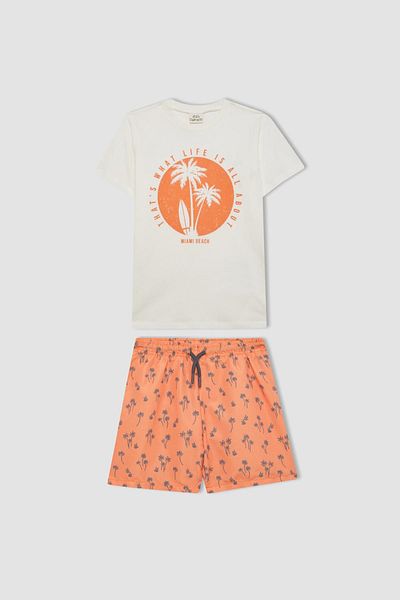 DeFacto 2-teiliges Set aus kurzärmligem T-Shirt und Badeshorts mit Palmenmuster für Jungen – C1256a824hs
