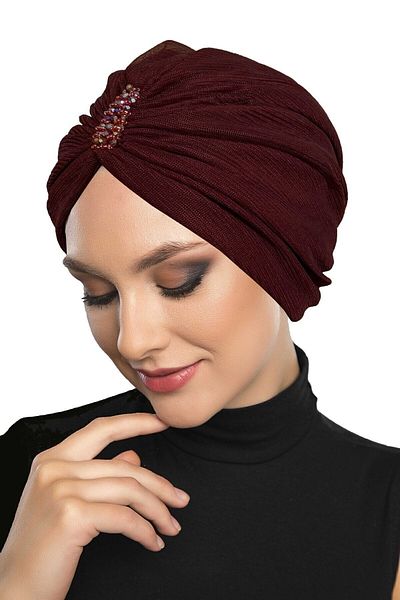 fidan bone Design Tulle Crystal Stone Embroidered Double Sided Lined Claret Red Ready-made Hijab Hijab Evening Dress Bonnet
