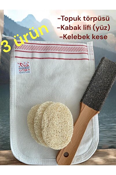 ASLANCAN 3 lü Vücut Bakım Seti Ponza Topuk Törpüsü Ahşap Kabak Lifi Yüz Kesesi Kelebek Kese peeling