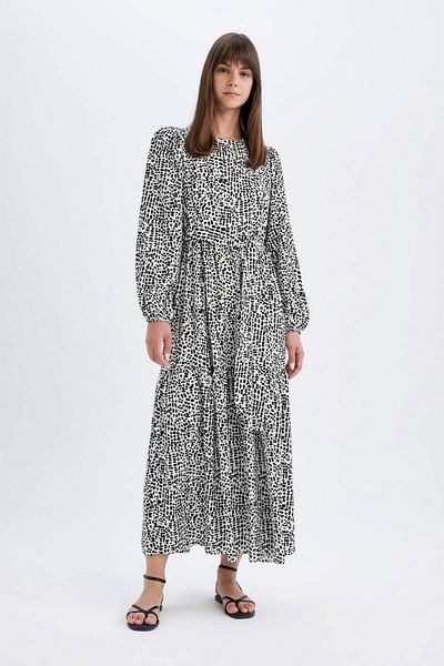 DeFacto Langärmliges Basic-Maxikleid aus Viskose mit Rundhalsausschnitt und Muster D2778ax24hs