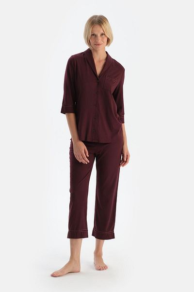 Dagi Combed Cotton Modal Shirt and Trousers Pajama Set - Claret Red Piping Detail and Pocket