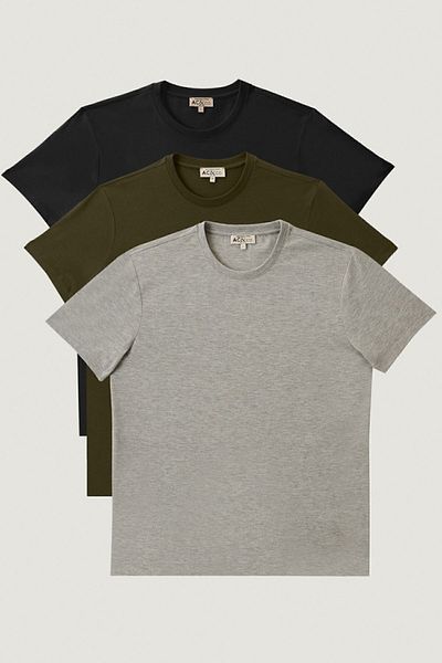 AC&Co / Altınyıldız Classics طقم تي شيرت رجالي بقصة ضيقة ورقبة دائرية مكون من 3 قطع - أسود، كاكي، رمادي ميلانج 100% قطن