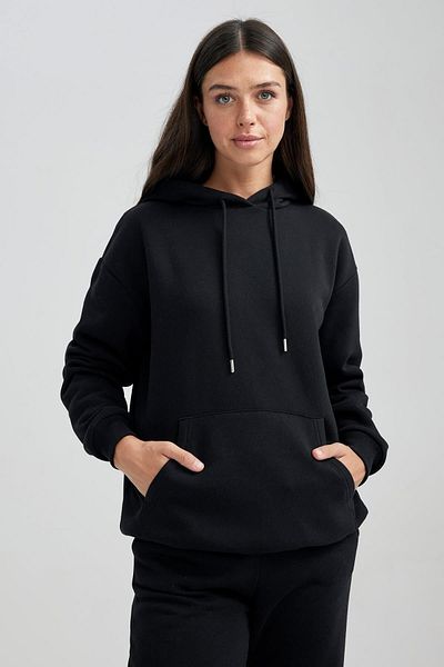 DeFacto Relax Fit Kapuzen-Kängurutasche, dickes, lässiges, schlichtes, schwarzes Sweatshirt W8071az23wn