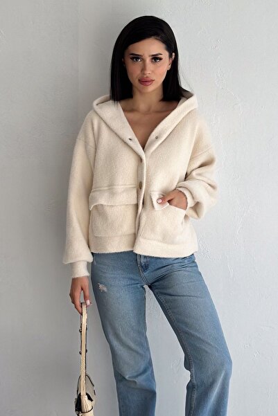 FEMELLE Beige Hooded Knitwear Jacket - Standard Size, Snap Button, Double Pocket