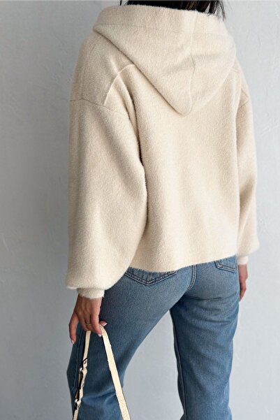 FEMELLE Beige Hooded Knitwear Jacket - Standard Size, Snap Button, Double Pocket