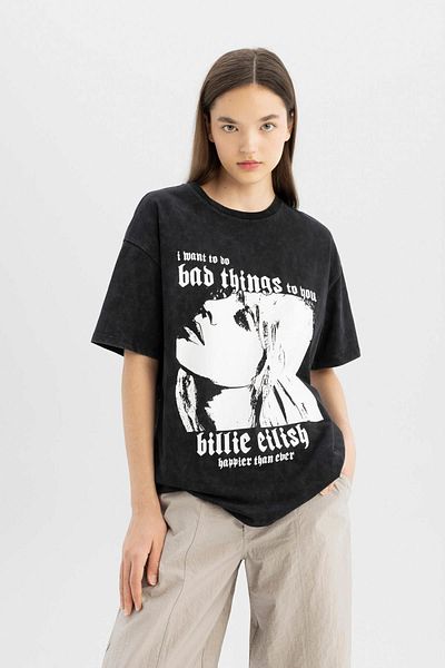 DeFacto Koszulka Billie Eilish Cool Oversize - okrągły dekolt, krótki rękaw D1204Ax24Sm