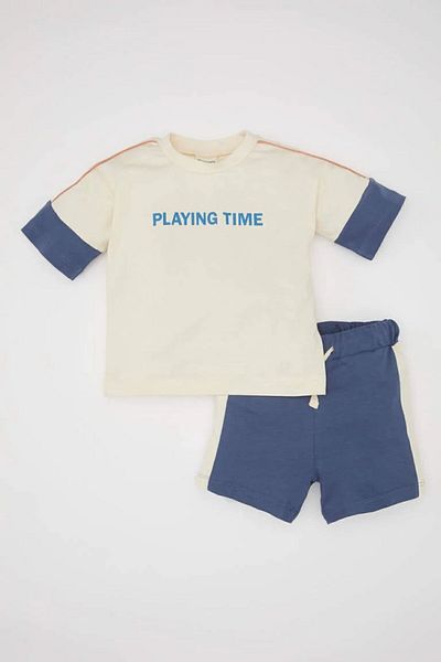 DeFacto Crew Neck Printed Combed Cotton Suit for Baby Boy - Short Sleeve T-Shirt and Shorts C2259A524Sm