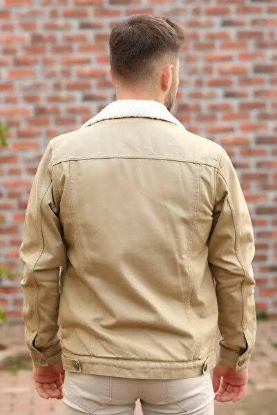 Sadasstore Μπεζ ανδρικό τζιν μπουφάν με γούνα στο εσωτερικό
