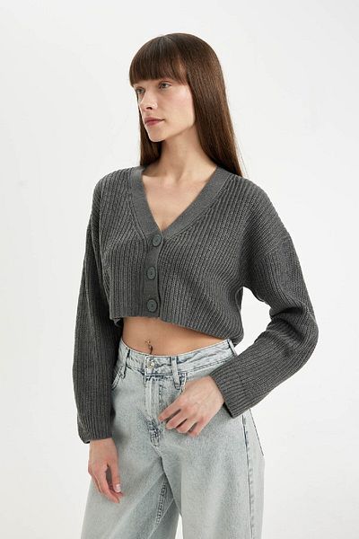 DeFacto Regular Fit V-Neck Basic Plain Buttoned Knitwear Cardigan U2052Az24Au